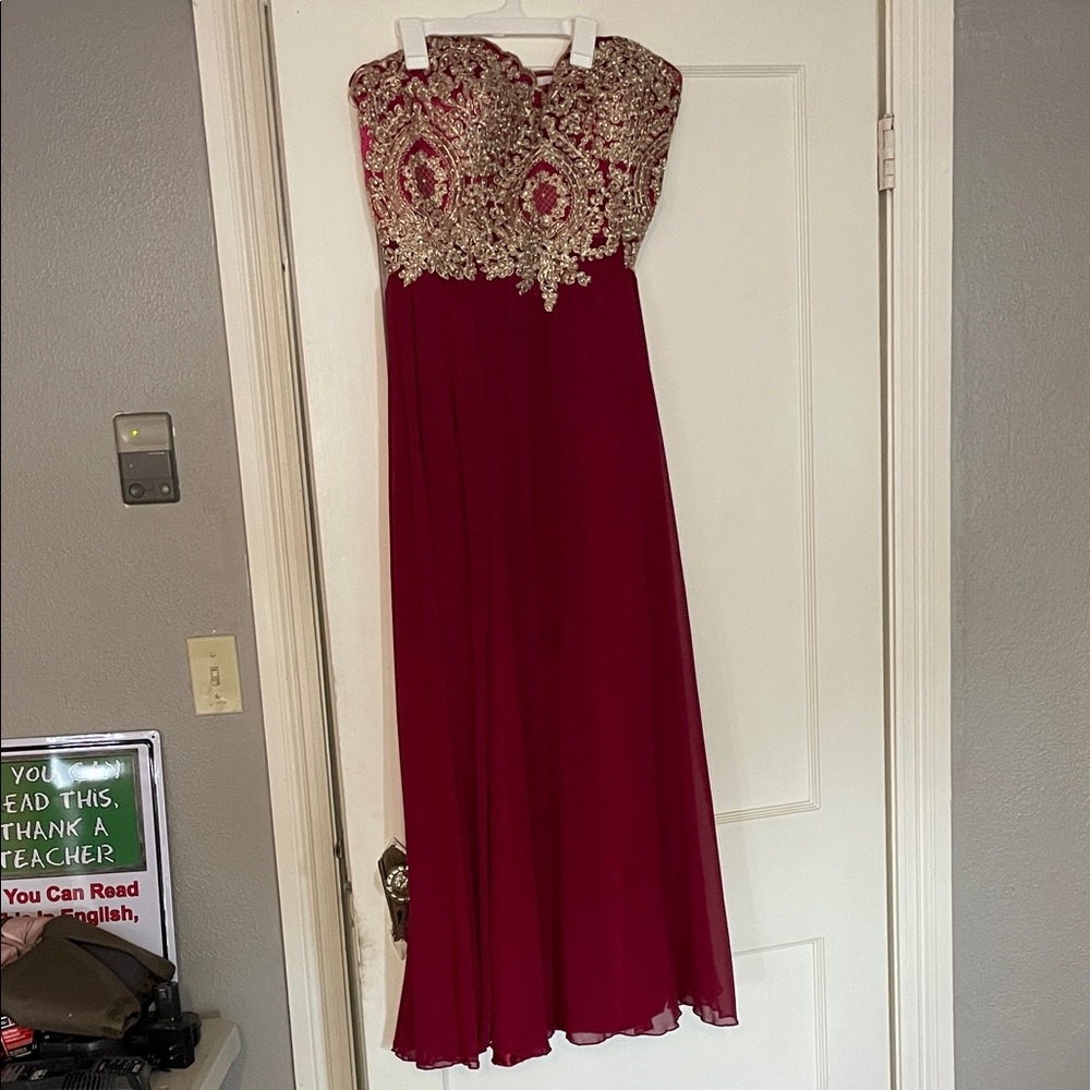 Strapless Burgundy and Gold Dress